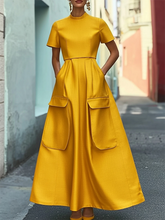 Pockets Solid Color Short Sleeves Stand Collar Maxi Dresses